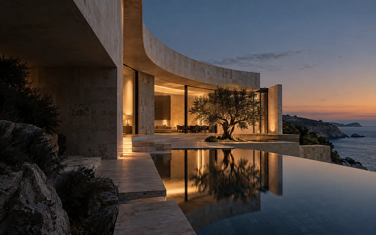 Arquitetura contemporânea em cenário ensolarado; imagem conceitual
