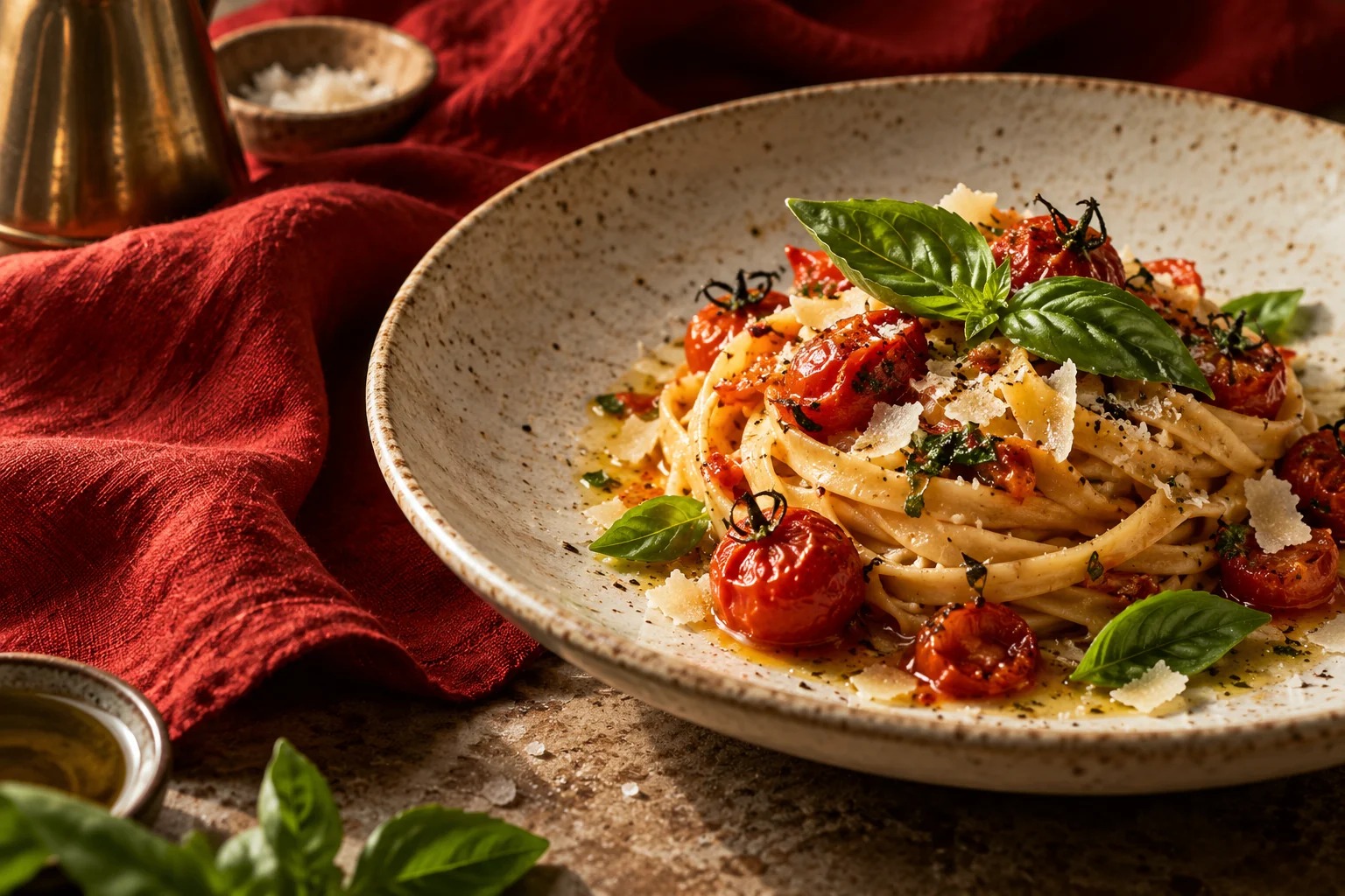 Prato de massa com tomate e manjericão em fotografia editorial